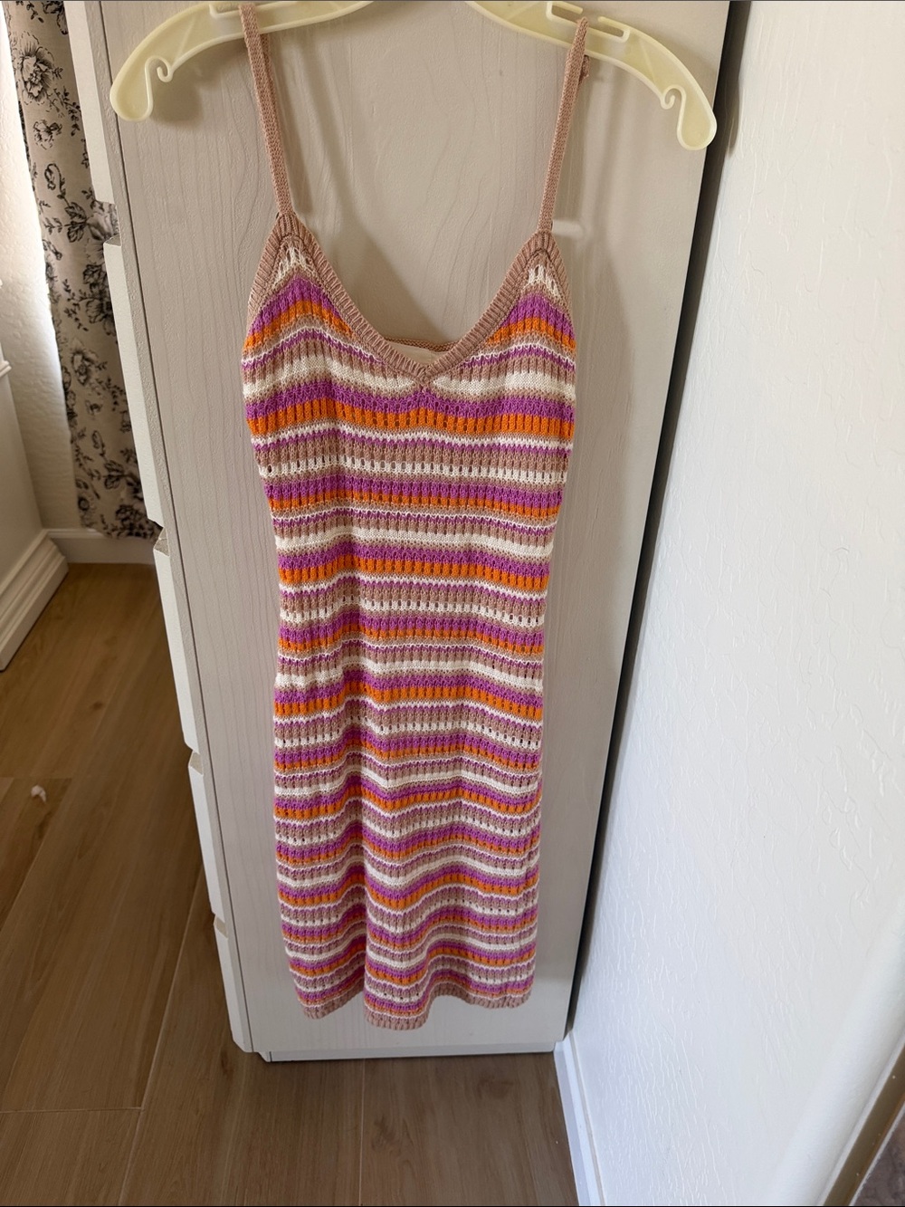 Striped Knit Spaghetti Strap Dress in Pink, Orange & Cream